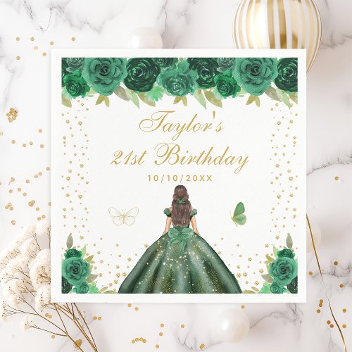 Green Floral Brunette Hair Princess Birthday Party Napkins