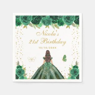 Green Floral Brunette Hair Princess Birthday Party Napkins