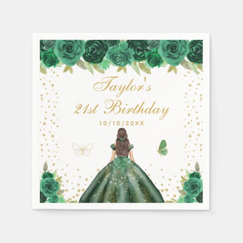 Green Floral Brunette Hair Princess Birthday Party Napkins