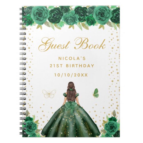 Green Floral Brunette Hair Princess Birthday Party Notebook