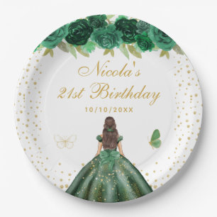 Green Floral Brunette Hair Princess Birthday Party Paper Plates
