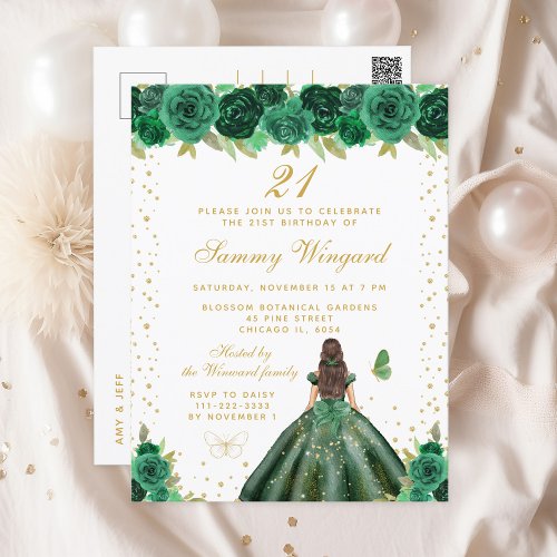 Green Floral Brunette Hair Princess Birthday Party Postcard