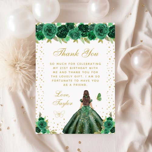 Green Floral Brunette Hair Princess Birthday Party Thank You Card