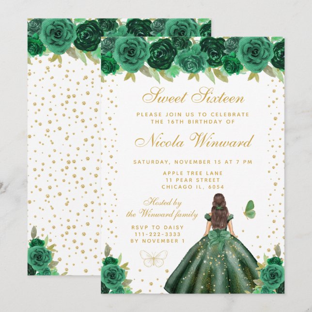 Green Floral Brunette Hair Princess Sweet Sixteen Invitation (Front/Back)