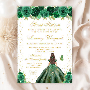 Green Floral Brunette Hair Princess Sweet Sixteen Invitation