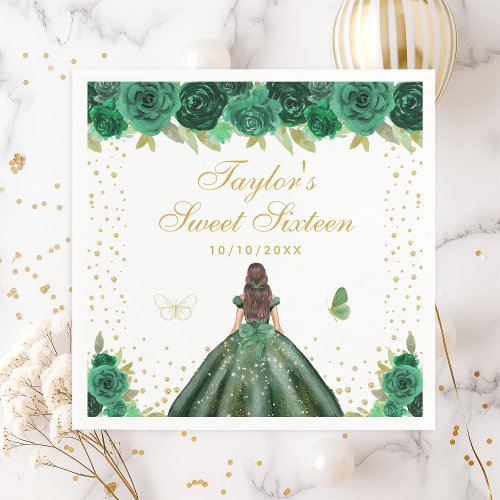 Green Floral Brunette Hair Princess Sweet Sixteen Napkins