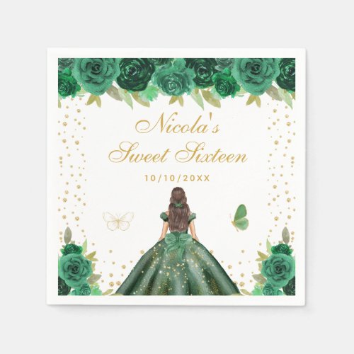 Green Floral Brunette Hair Princess Sweet Sixteen Napkins