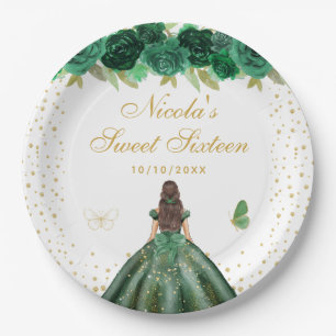 Green Floral Brunette Hair Princess Sweet Sixteen Paper Plates