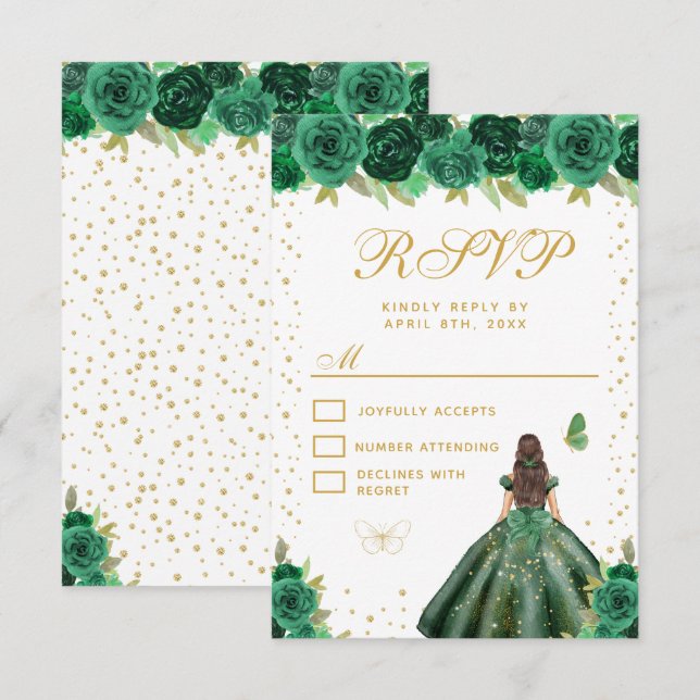 Green Floral Brunette Hair Princess Sweet Sixteen RSVP Card (Front/Back)