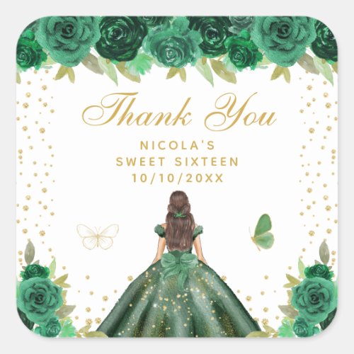 Green Floral Brunette Hair Princess Sweet Sixteen Square Sticker