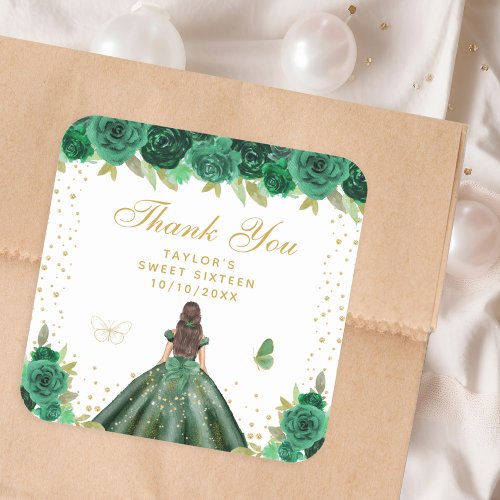 Green Floral Brunette Hair Princess Sweet Sixteen Square Sticker