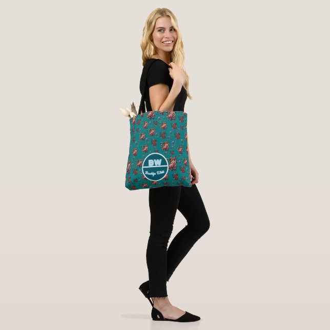 Green Floral Cat Pattern Personalized Monogram Tote Bag (On Model)