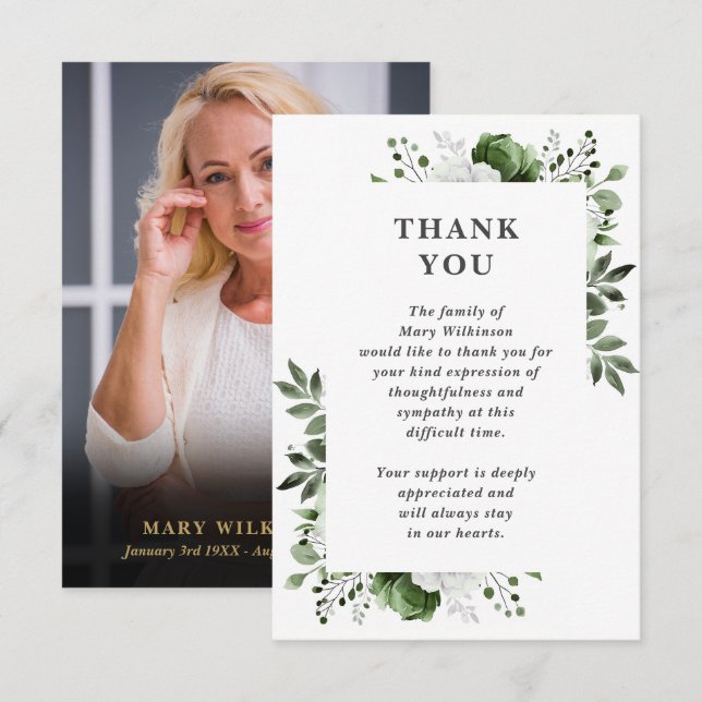 Green Floral Celebration Of Life Funeral Photo Thank You Card (Front/Back)