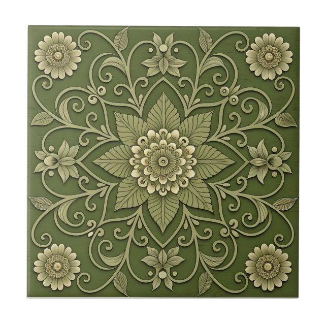 Green Floral Ceramic Tile (Front)