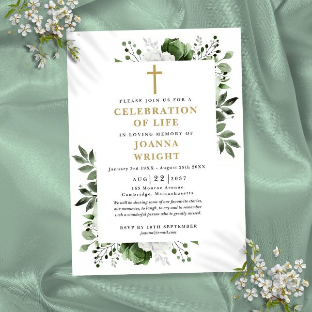 Green Floral Christian Celebration Of Life Funeral Invitation (Green Floral Christian Celebration Of Life Funeral Invitation)