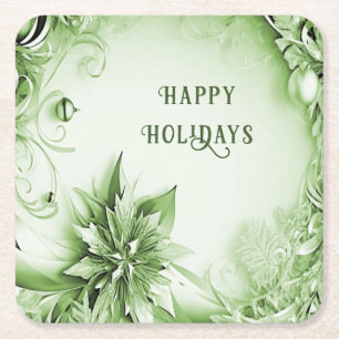 Green Floral Christmas Holiday Paper Coaster