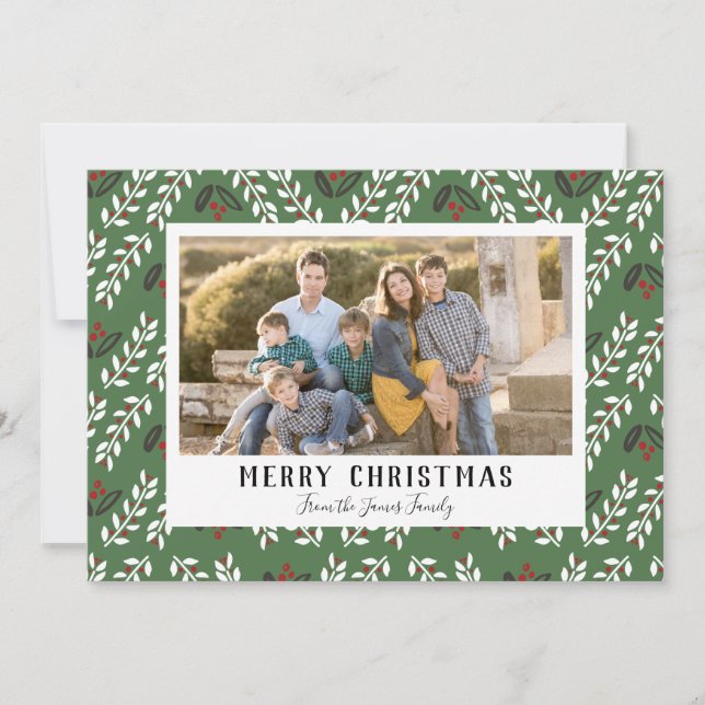 Green Floral Christmas Photo Cards (Front)