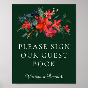 Green Floral Christmas Wedding Guest Book Poster
