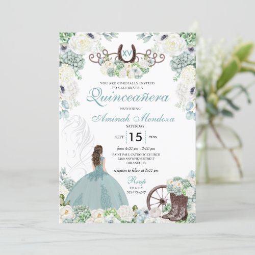 Green Floral Cowgirl Horseshoe Western Quinceaera Invitation