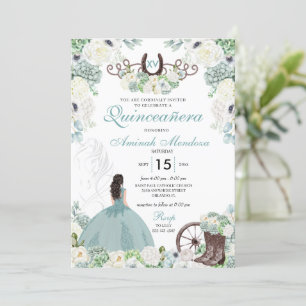 Green Floral Cowgirl Horseshoe Western Quinceañera Invitation