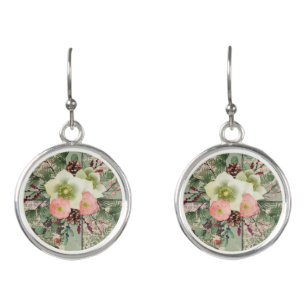 Green Floral Cross Earrings