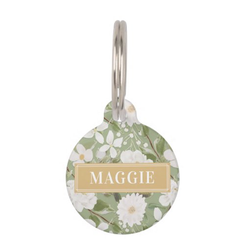 Green Floral Custom Dog Name Round Pet ID Tag