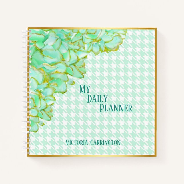 Green Floral Daily Planner Houndstooth Name Modern Notebook (Front)