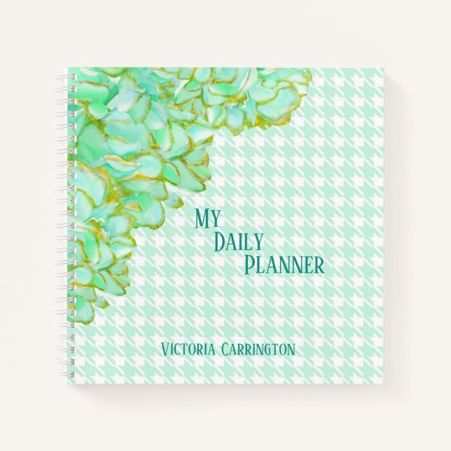 Green Floral Daily Planner Houndstooth Name Modern Notebook (Front)
