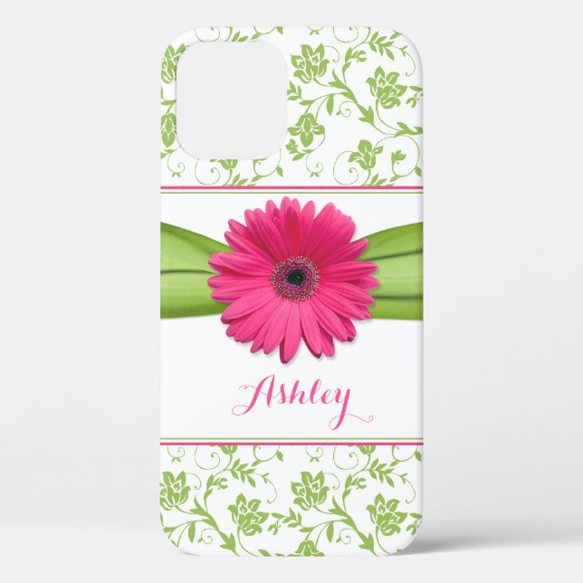 Green Floral Damask Pink Gerber Daisy Case-Mate iPhone Case (Back)