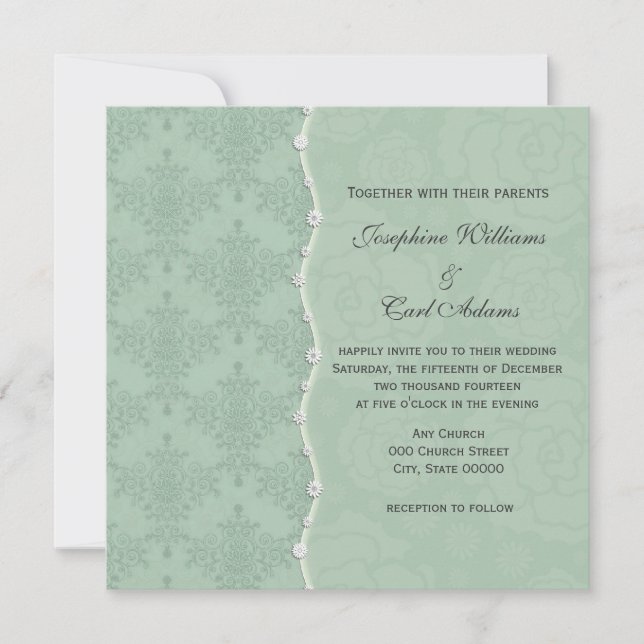 Green Floral Damask Vintage Wedding Invites (Front)