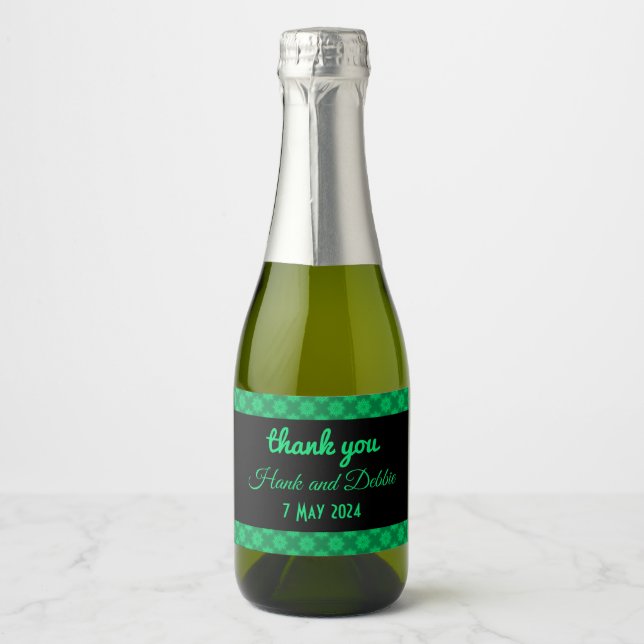 Green floral damask wedding sparkling wine label (Front)