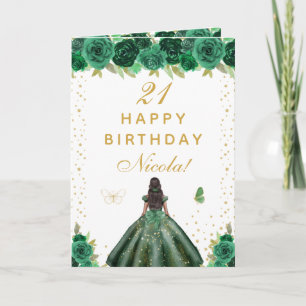 Green Floral Dark Skin Girl Birthday Card