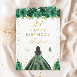 Green Floral Dark Skin Girl Happy Birthday Card<br><div class="desc">This elegant and glamorous birthday card can be personalized with a name or title such as daughter, granddaughter, niece, friend etc. The design features a beautiful princess with dark hair and dark skin in a green ball gown. The text combines handwritten script and modern sans serif fonts for a classy...</div>