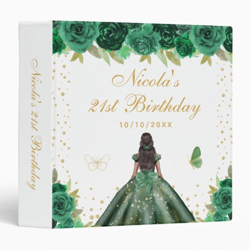 Green Floral Dark Skin Princess Birthday Party 3 Ring Binder