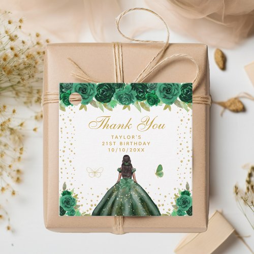 Green Floral Dark Skin Princess Birthday Party Favor Tags