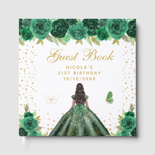 Green Floral Dark Skin Princess Birthday Party Guest Book