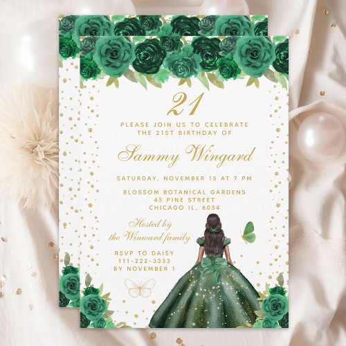 Green Floral Dark Skin Princess Birthday Party Invitation