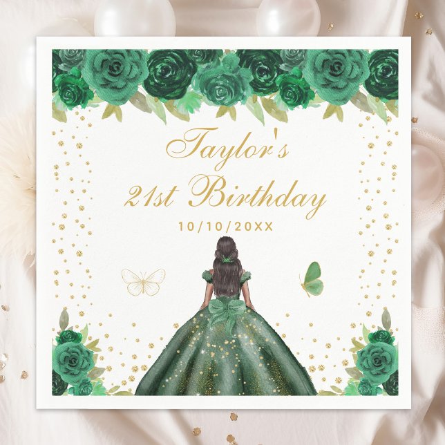 Green Floral Dark Skin Princess Birthday Party Napkins (Creator Uploaded)