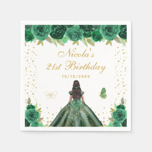 Green Floral Dark Skin Princess Birthday Party Napkins
