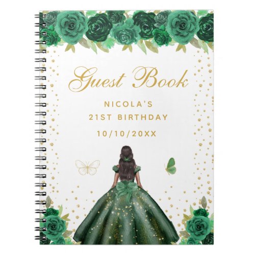 Green Floral Dark Skin Princess Birthday Party Notebook