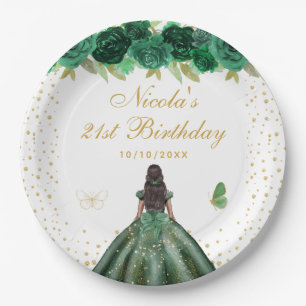 Green Floral Dark Skin Princess Birthday Party Paper Plates