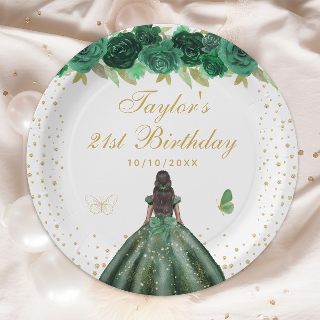 Green Floral Dark Skin Princess Birthday Party Paper Plates (Creator Uploaded)