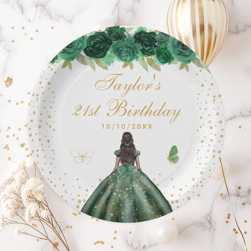 Green Floral Dark Skin Princess Birthday Party Paper Plates