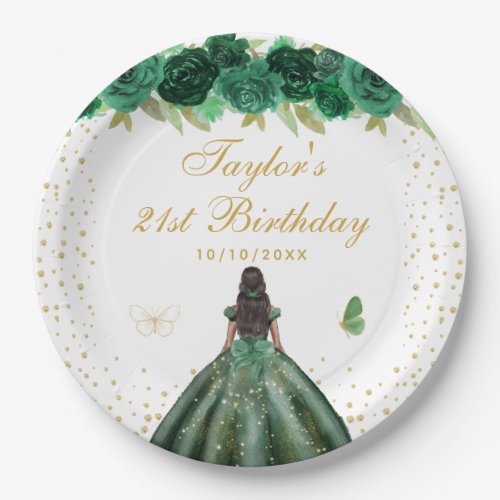 Green Floral Dark Skin Princess Birthday Party Paper Plates