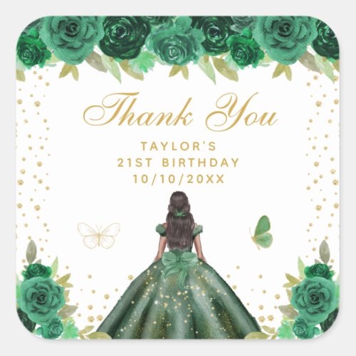 Green Floral Dark Skin Princess Birthday Party Square Sticker