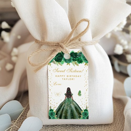 Green Floral Dark Skin Princess Sweet Sixteen Gift Tags