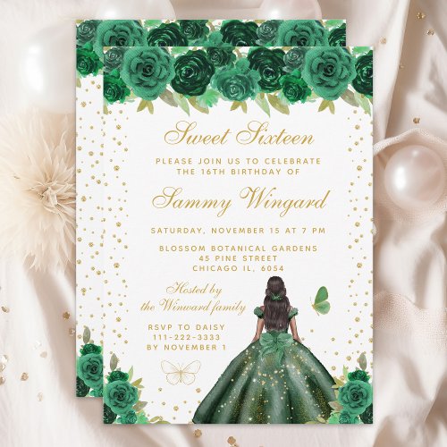 Green Floral Dark Skin Princess Sweet Sixteen Invitation