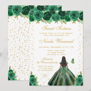 Green Floral Dark Skin Princess Sweet Sixteen Invitation
