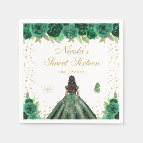 Green Floral Dark Skin Princess Sweet Sixteen Napkins