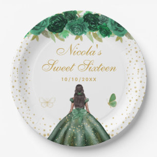 Green Floral Dark Skin Princess Sweet Sixteen Paper Plates